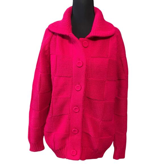 Vintage Sears Mary Lewis Hot Pink Chunky Knit Cardigan Sweater Japan Sz 38 Med - Picture 1 of 9